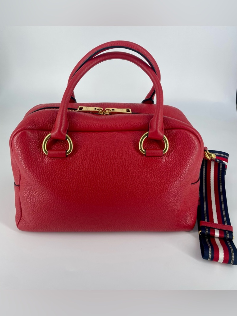 Prada Vitello Phenix Rosso Red Pebbled Leather Satchel with Guitar Striped Strap - Picture 2 of 11